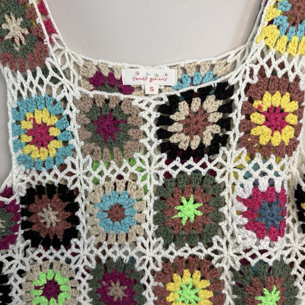 Crochet Cropped Tank Blouse Hippie Boho Style Size Small Granny Squares - Picture 3 of 8